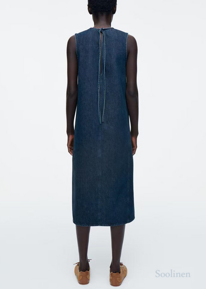 Natural Navy Backless Lace Up Denim a Line Dresses Sleeveless