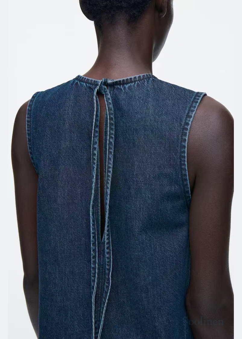 Natural Navy Backless Lace Up Denim a Line Dresses Sleeveless