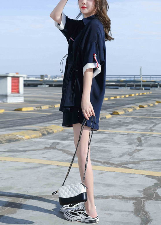 Natural Navy Blue Peter Pan Collar Cotton Shirts and Shorts Two Pieces Set Summer