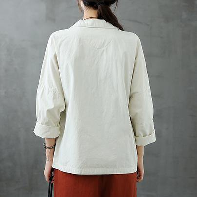 Natural Notched Button Down Fall Blouse Shirts White Shirt