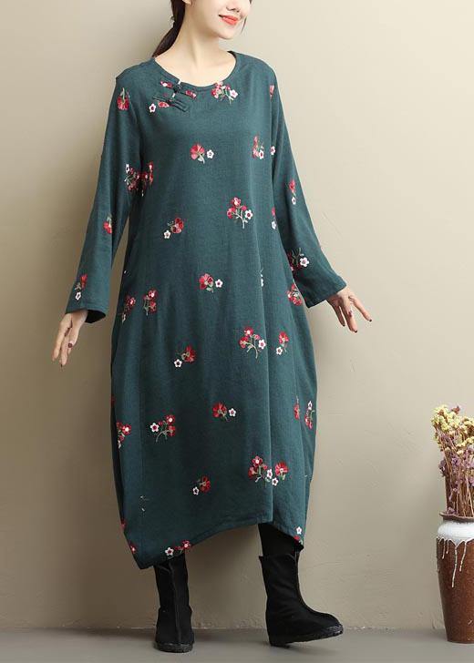 Natural O Neck Asymmetric Spring Clothes Runway Green Embroidery Dress