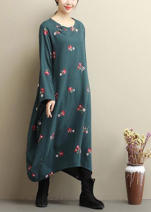 Natural O Neck Asymmetric Spring Clothes Runway Green Embroidery Dress