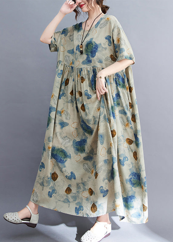 Natural O-neck Print Wrinkled Long Dress Summer
