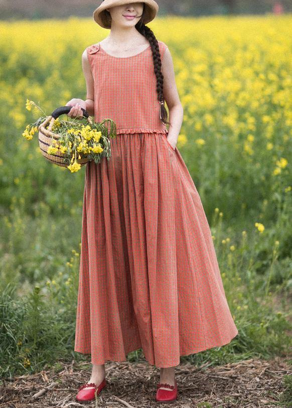 Natural O-neck Summer Wardrobes Outfits Orange Plaid Sleeveless Dresses