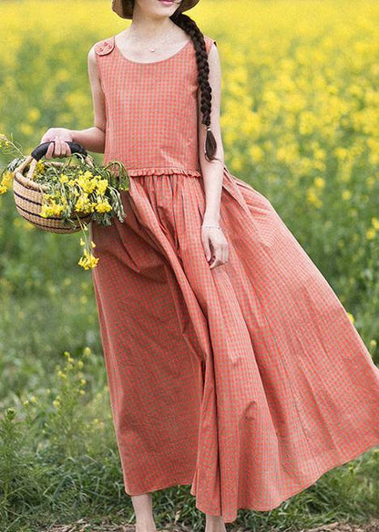 Natural O-neck Summer Wardrobes Outfits Orange Plaid Sleeveless Dresses