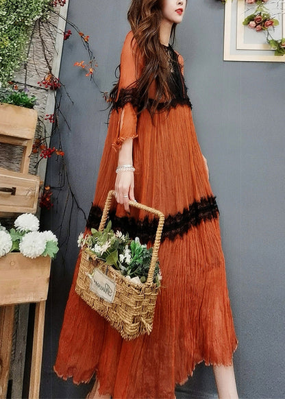 Natural Orange O-neck Lace Patchwork Silk Maxi Dress Flare Sleeve