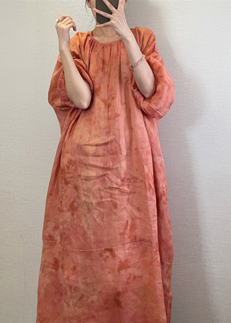 Natural Orange O-neck Tie Dye Maxi Dress Lantern Sleeve