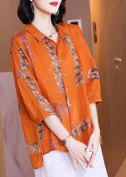 Natural Orange Flower Peter Pan Collar Print Button Side Open Linen Top Half Sleeve