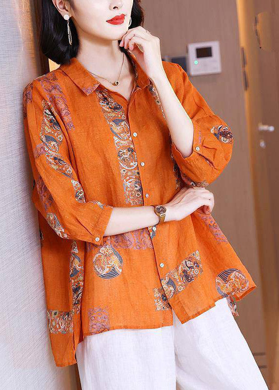 Natural Orange Flower Peter Pan Collar Print Button Side Open Linen Top Half Sleeve