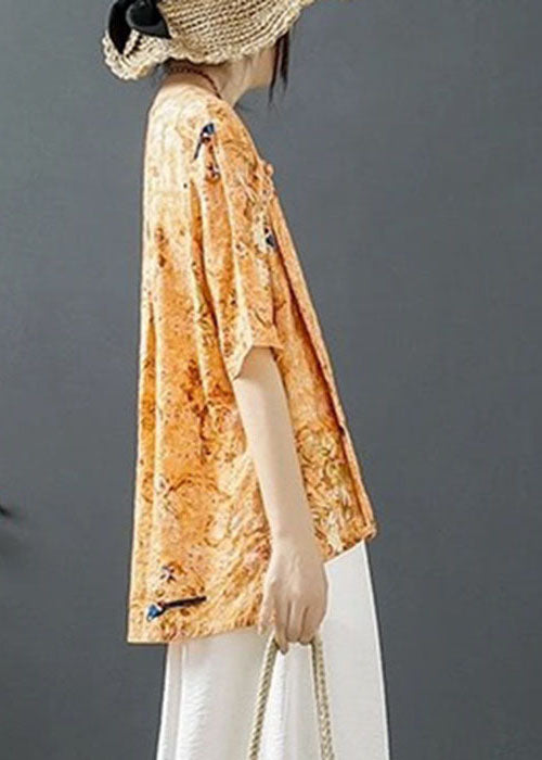 Natural Orange Print Low High Design Tops Half Sleeve