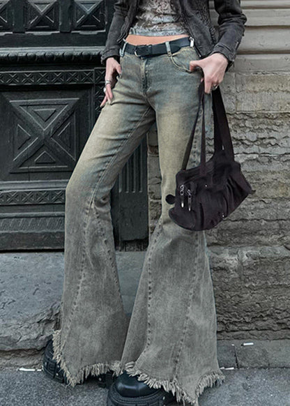 Natural Patchwork Pockets Denim Flared Trousers Spring