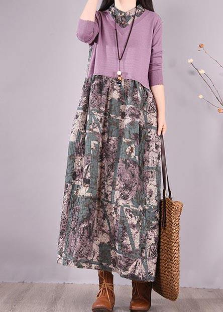 Natural Patchwork Spring Clothes Fabrics Purple Print Loose Dress
