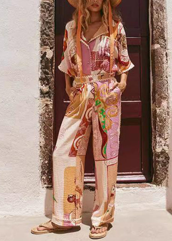 Natural Peter Pan Collar Print Shirts and Wide Leg Pants Two Pieces Set Short Sleeve