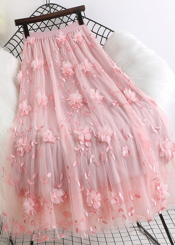 Natural Pink Embroidered Tulle Skirts Spring