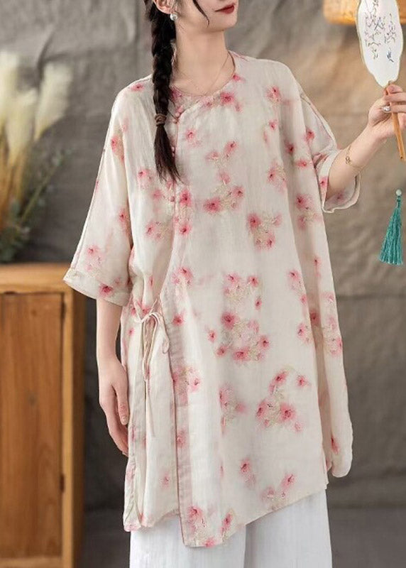 Natural Pink O-neck Print Tie Waist Long Linen Shirt Three Quarter Sleeve