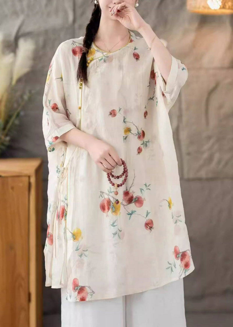 Natural Pink O-neck Print Tie Waist Long Linen Shirt Three Quarter Sleeve