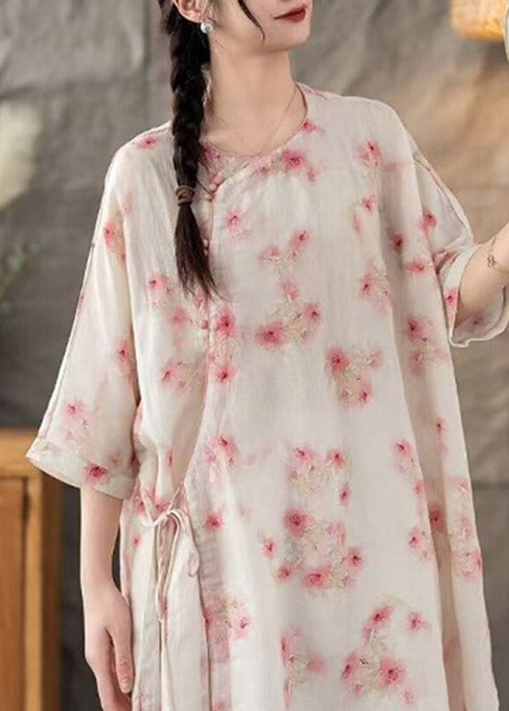 Natural Pink O-neck Print Tie Waist Long Linen Shirt Three Quarter Sleeve