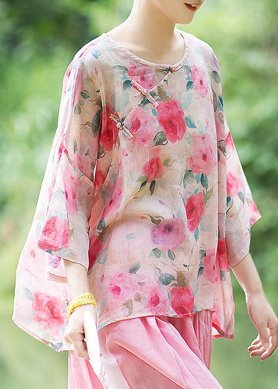 Natural Red Texture O Neck Print Chinese Button Linen Shirt Summer