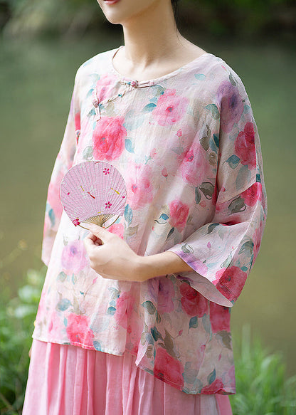 Natural Red Texture O Neck Print Chinese Button Linen Shirt Summer