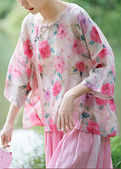 Natural Black Butterfly O Neck Print Chinese Button Linen Shirt Summer