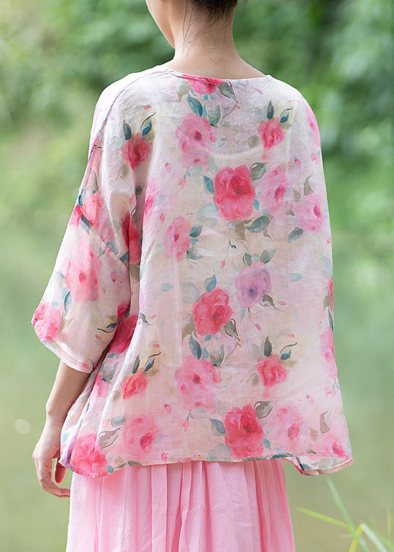 Natural Red Texture O Neck Print Chinese Button Linen Shirt Summer