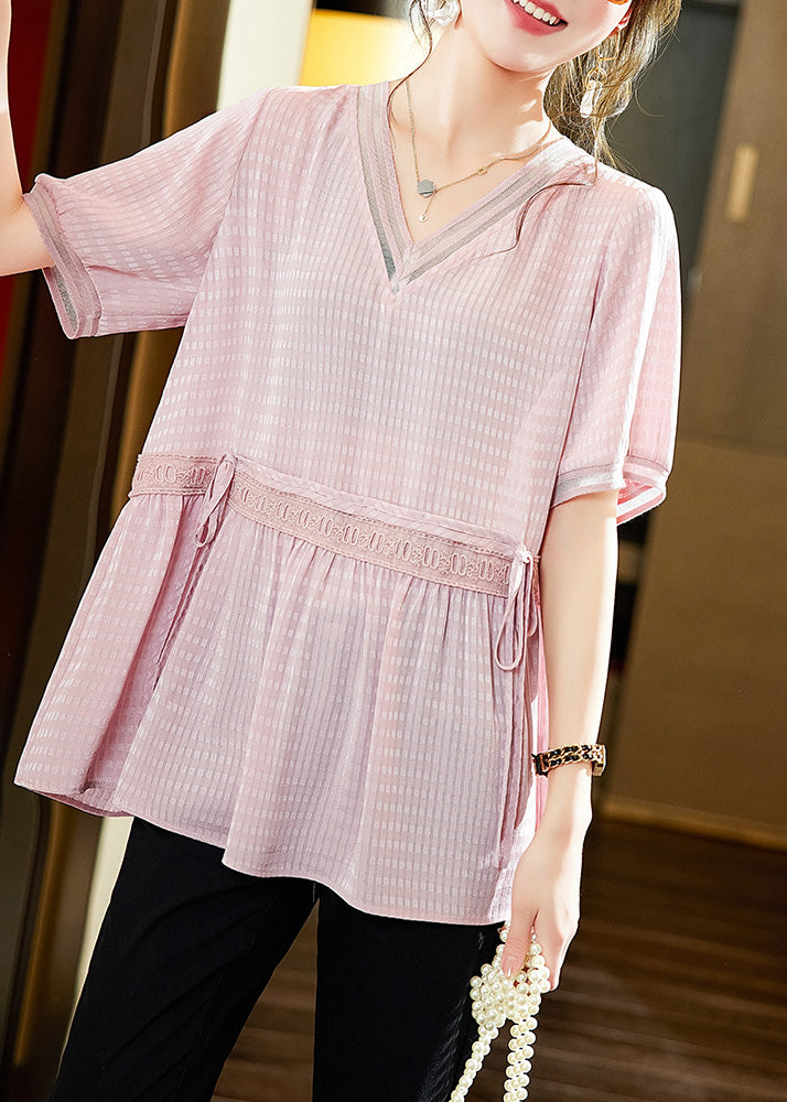 Natural Pink V Neck Plaid Shirt Short Sleeve