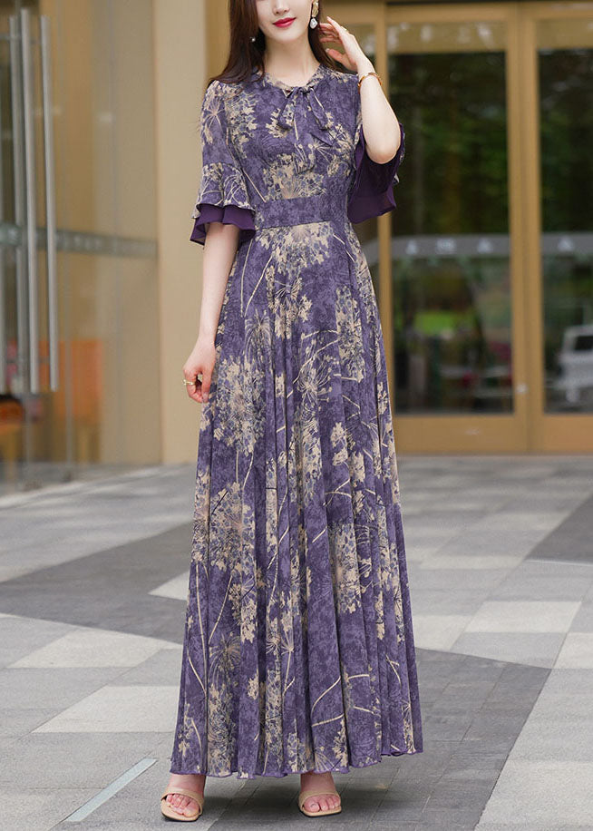 Natural Purple O-neck Print Patchwork High Waist Chiffon Maxi Beach Dresses Half Sleeve