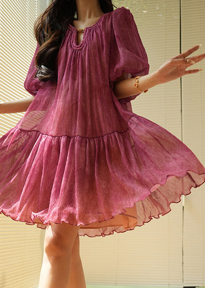 Natural Purple Patchwork Tie Lace Chiffon Mid Dresses Lantern Sleeve