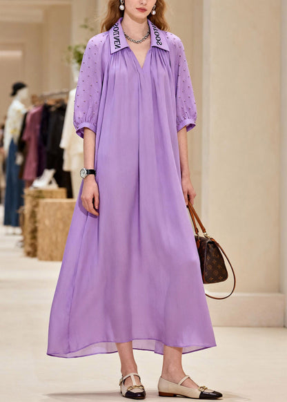 Natural Purple Peter Pan Collar Chiffon Maxi Dresses Summer
