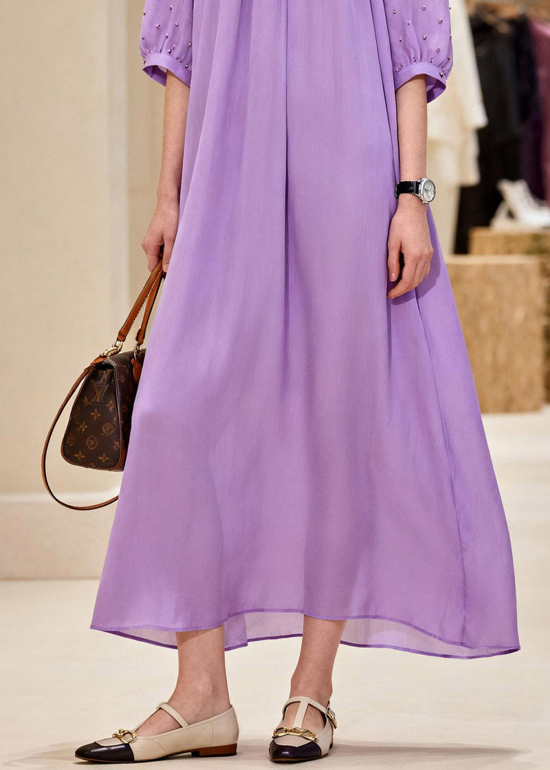 Natural Purple Peter Pan Collar Chiffon Maxi Dresses Summer