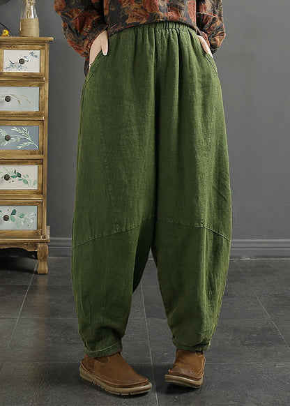 Natural Purple Pockets Patchwork Lastic Waist Linen Lantern Pants Fall
