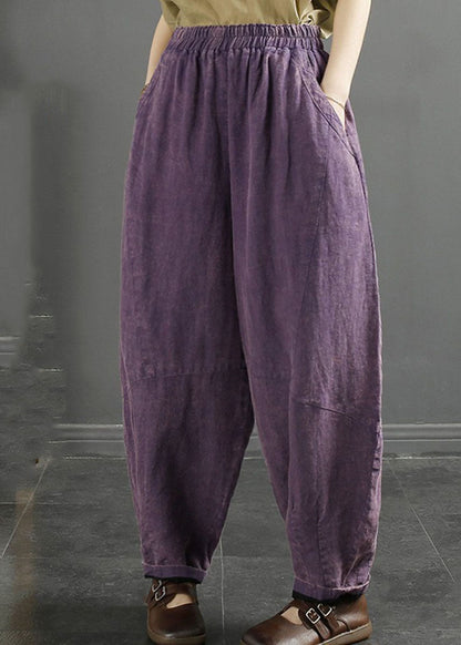 Natural Purple Pockets Patchwork Lastic Waist Linen Lantern Pants Fall