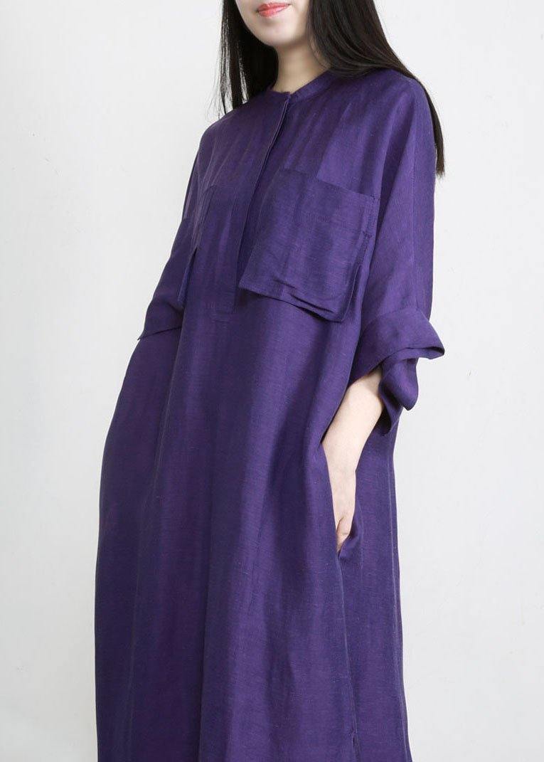 Natural Purple Tunic V Neck Pockets Holiday Linen Dress