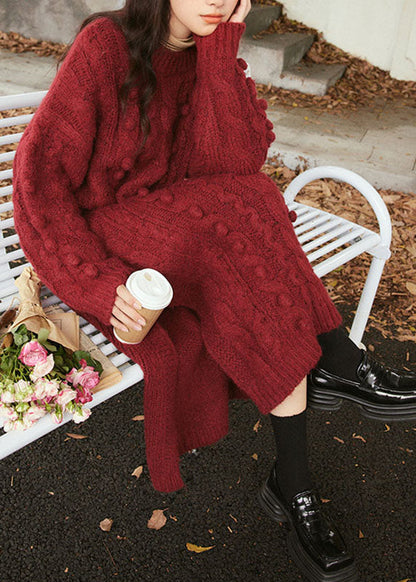Natural Purplish Red O-neck Cable Cotton Knit Sweater Maxi Dress Long Sleeve