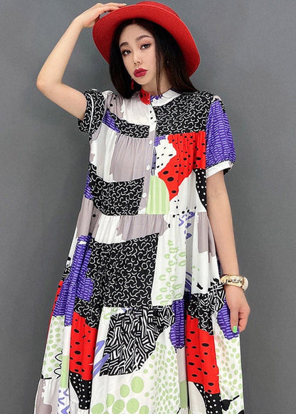 Natural Red O-neck Print Chiffon Ankle Dress Short Sleeve