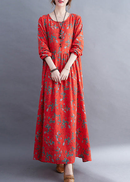 Natural Red O-neck Print Maxi Dress Long Sleeve
