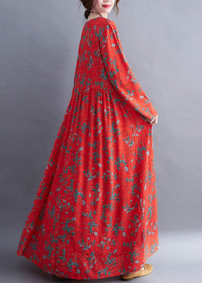 Natural Red O-neck Print Maxi Dress Long Sleeve