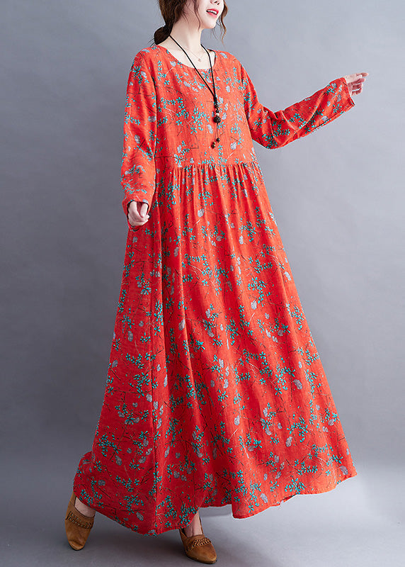 Natural Red O-neck Print Maxi Dress Long Sleeve
