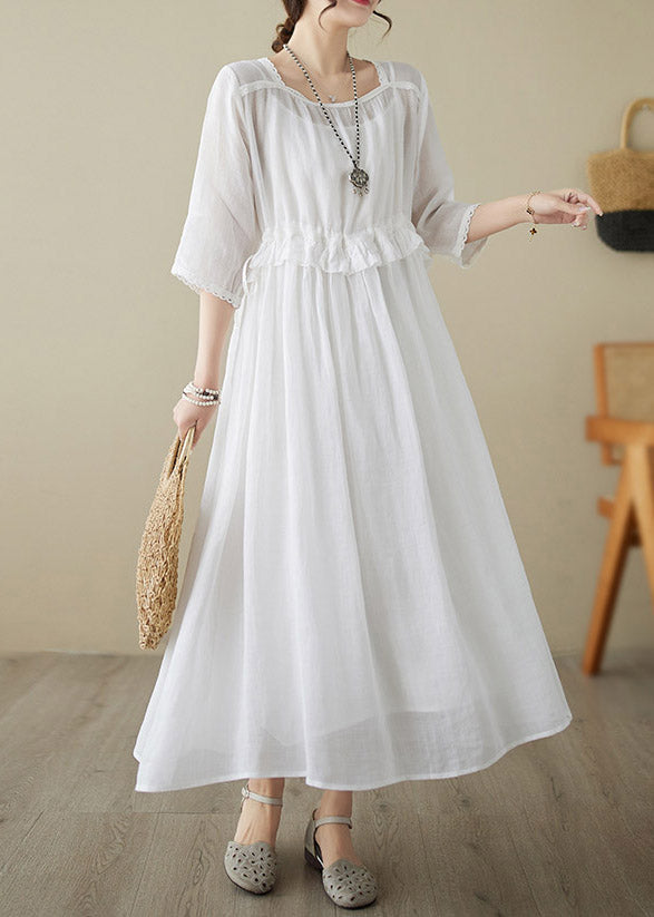 Natural Red O-neck Ruffled Patchwork Tunic Chiffon Long Dress Short Sleeve