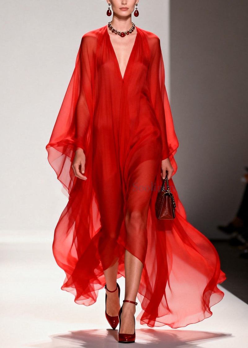 Natural Red Oversized Draping Chiffon Robe Dresses Summer
