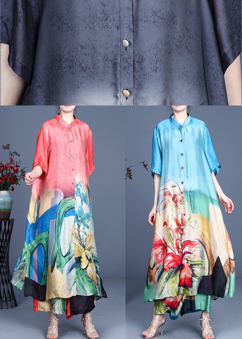 Natural Red Print Button Silk Sets Two Pieces Summer