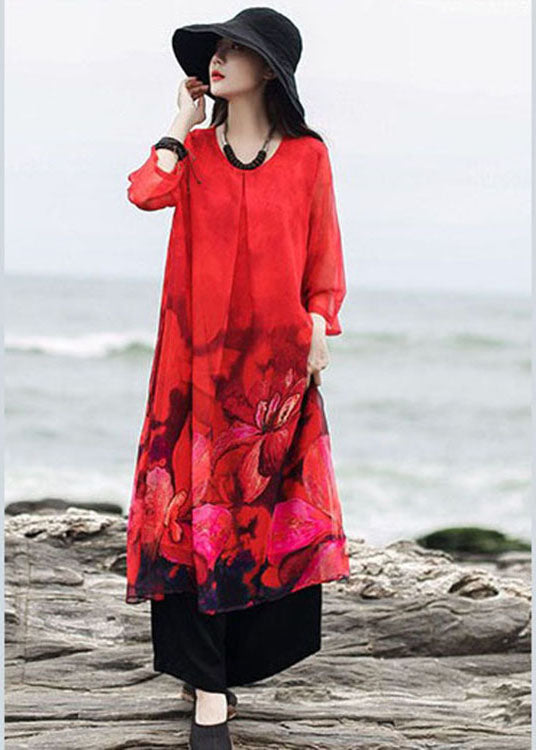 Natural Red Print Chiffon Maxi Dress Three Quarter Sleeve