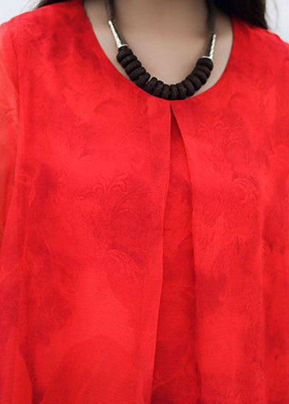 Natural Red Print Chiffon Maxi Dress Three Quarter Sleeve