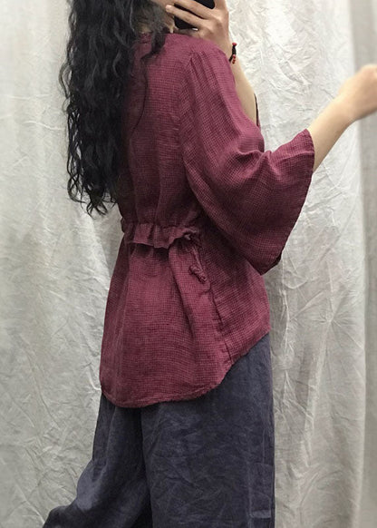 Natural Red Ruffled Plaid Flare Sleeve Blouse Tops