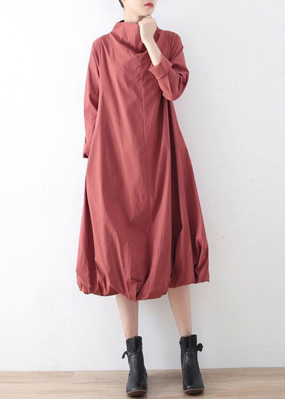 Natural Red Stand Asymmetrical Design Fall Cotton Long Dress