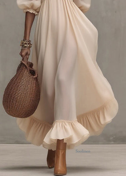 Natural Ruffled Patchwork Party Long Dress Short Sleeve