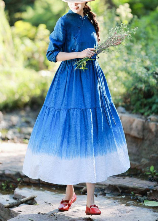 Natural Stand Collar Patchwork Tunics for Shirts Blue Dresses