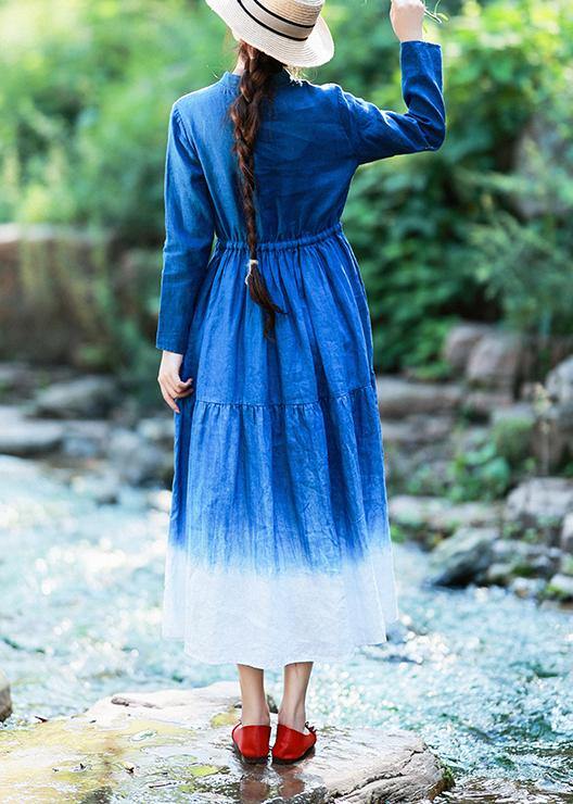 Natural Stand Collar Patchwork Tunics for Shirts Blue Dresses