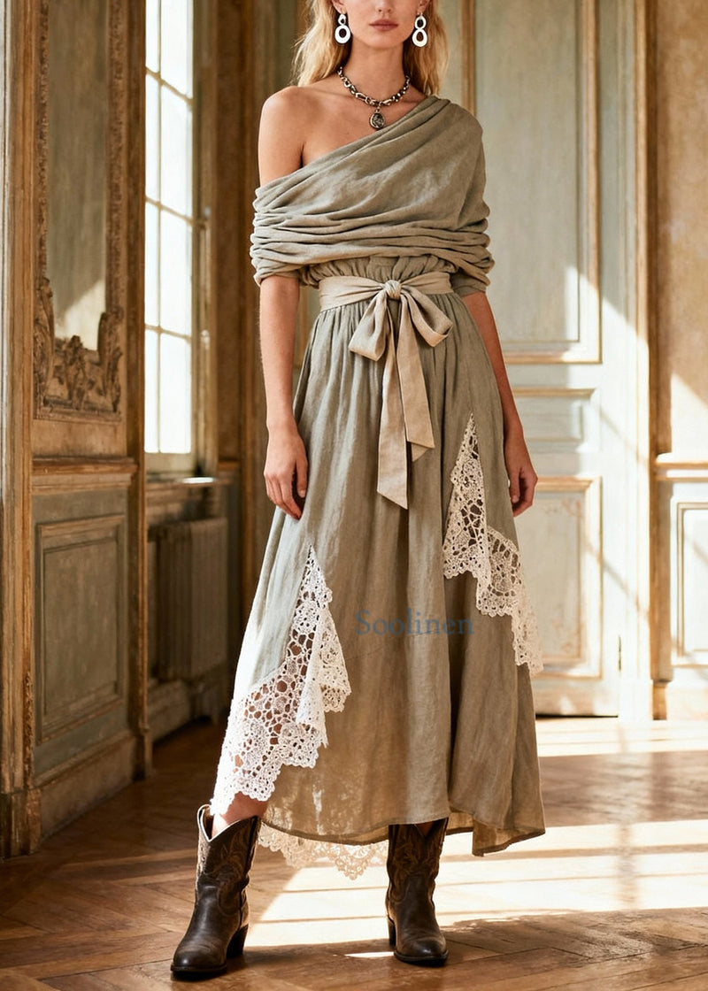 Natural Tie Waist Lace Patchwork Long Dress Spring