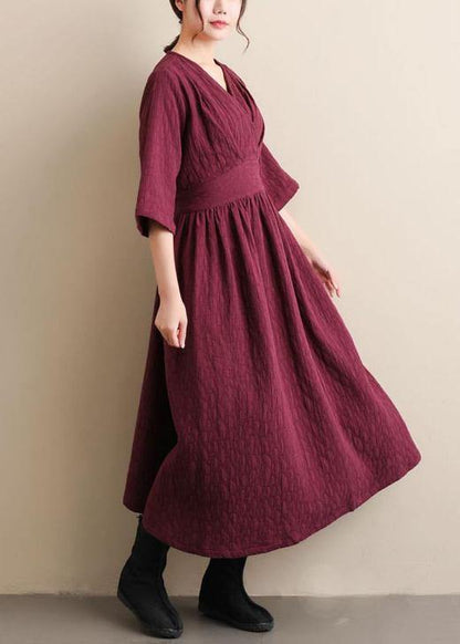 Natural V Neck Cinched Spring Quilting Clothes Pattern Burgundy Maxi Dress